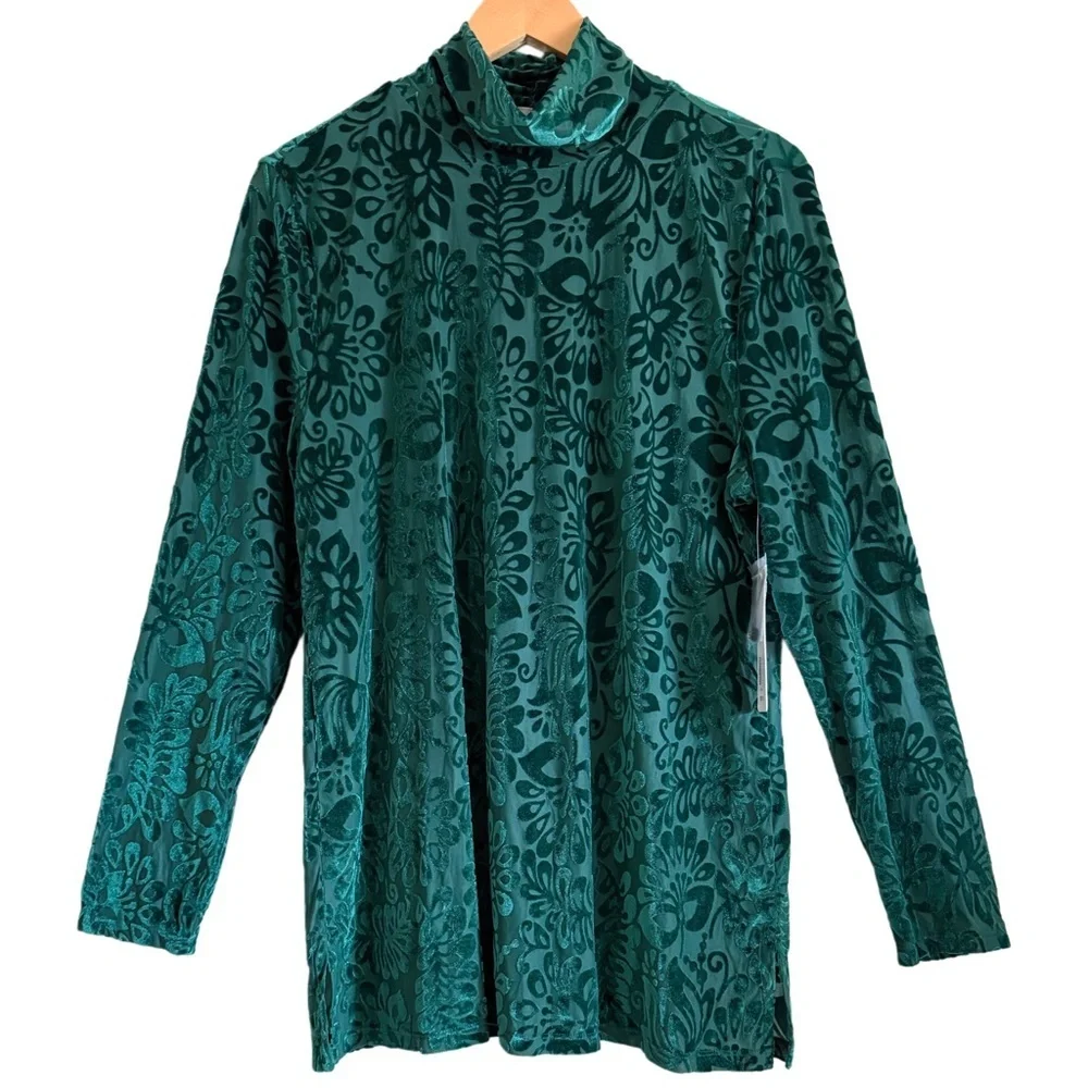 SOFT SURROUNDINGS Preppy Feminine Lightweight Floral Velvet Turtleneck Top L NWT